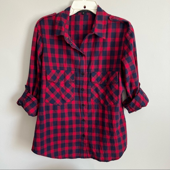 Sanctuary Navy Plaid Long Sleeve Snap Down Shirt Top Blouse Small - Picture 14 of 16